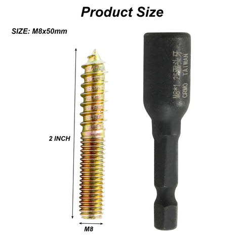 Dang Solid M8 Hanger Bolts 2 Inch Screw Set 20 Piece Heavy Duty Dowel Fasteners with driver tool and bolt dimensions.
