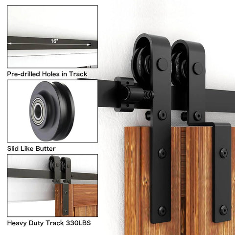 Bypass Sliding Barn Door Hardware Kit For Double Wooden Doors On One Track 6.6 Ft Rail, showing heavy duty track and rollers