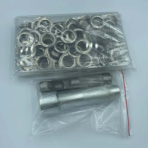 Pro Grade 17mm Eyelet Setter Tool And Die Punch Kit with 100 silver grommets in package, durable steel handheld puncher