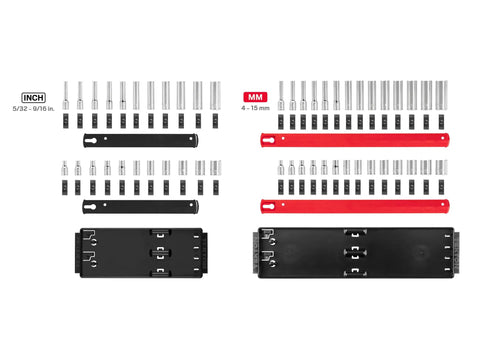 1/4 Inch Drive Socket Set With Rails And Trays, Shallow And Deep 6 Point Sockets, 50 Piece SAE And Metric, displayed with size labels