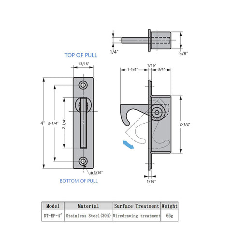 Technical drawing of Pocket Door Handles Stainless Steel 304 Edge Pull Hidden Flush Mount Sliding Door Pull with dimensions.