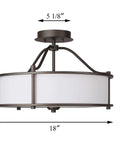 Three Light Drum Shade Semi Flush Mount Ceiling Light In Dark Bronze 18 Inch Close To Ceiling Fixture With Fabric Shade And Frosted Glass Diffuser Sleek Modern Look For Any Room, image with dimensions and certifications displayed, showing the side view.