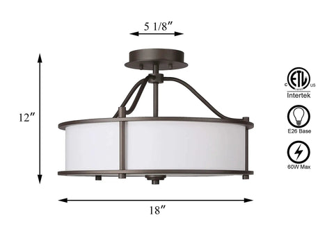 Three Light Drum Shade Semi Flush Mount Ceiling Light In Dark Bronze 18 Inch Close To Ceiling Fixture With Fabric Shade And Frosted Glass Diffuser Sleek Modern Look For Any Room, image with dimensions and certifications displayed, showing the side view.