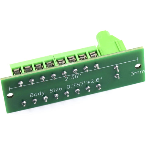 Green 30Amp 48V Terminal Block Distribution Module 2x8 Position Power Block for DIY Electronics, dimensions labeled.