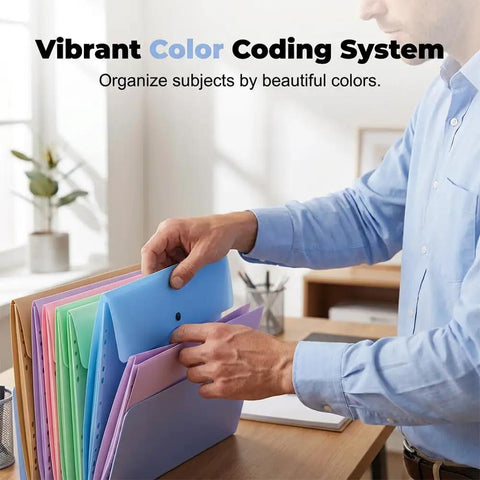 Person organizing documents in colorful 11 Hole Expanding File Pockets Waterproof Binder Pockets for 2 3 4 Ring Binders With Snap Button.