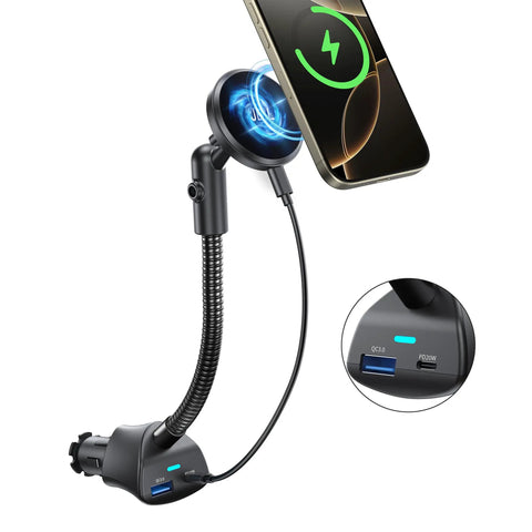 Heavy Duty 15W Fast Wireless Car Mount Charger That Plugs Straight Into Standard Cigarette Lighter Socket, flexible arm holding phone.