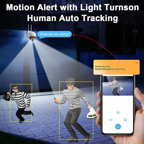 5MP PTZ Outdoor Security Camera With Humanoid Detection tracking person at night with phone display and spotlight activation