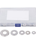 Stainless Steel Knurled Conical Spring Washer Kit, 140 Pieces, Includes M4 M5 M6 M8 M10 Sizes, Serrated And Durable, Organized Storage Box, Ideal For Automotive, Machinery, And DIY Fastener Assemblies. Clear storage box with assorted stainless steel washers