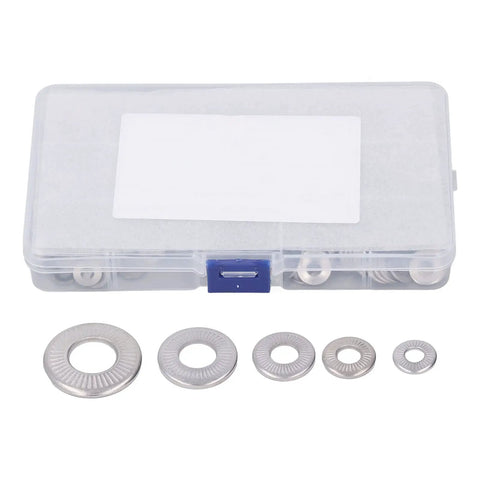 Stainless Steel Knurled Conical Spring Washer Kit, 140 Pieces, Includes M4 M5 M6 M8 M10 Sizes, Serrated And Durable, Organized Storage Box, Ideal For Automotive, Machinery, And DIY Fastener Assemblies. Clear storage box with assorted stainless steel washers