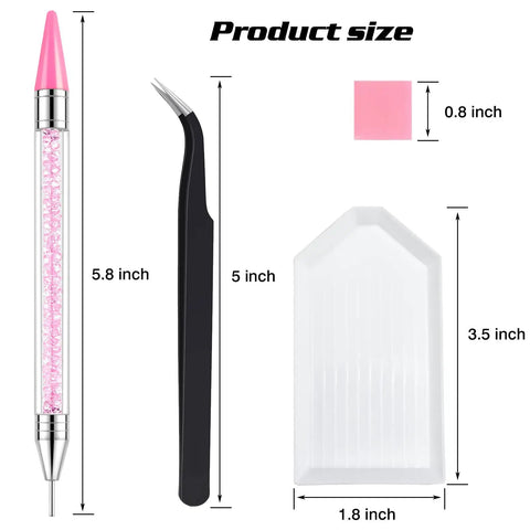 Rhinestone Picker Tool Kit With Two Bedazzling Pens, precision tweezer, and grooved tray with dimensions shown in inches.
