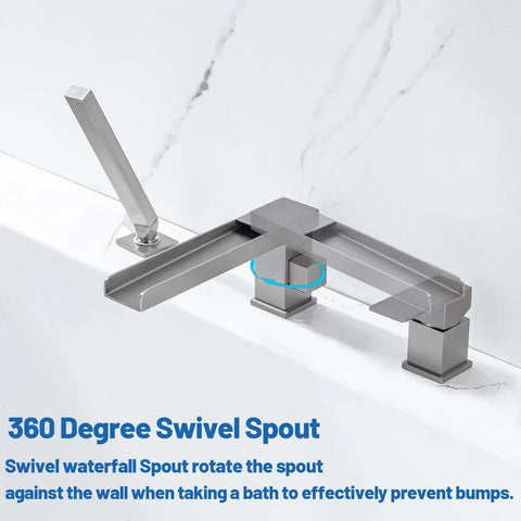 Roman Tub Faucet Deck Mount Waterfall Three Hole With Hand Shower Brushed Nickel Modern Tub Filler Spout Ten Inch Extended