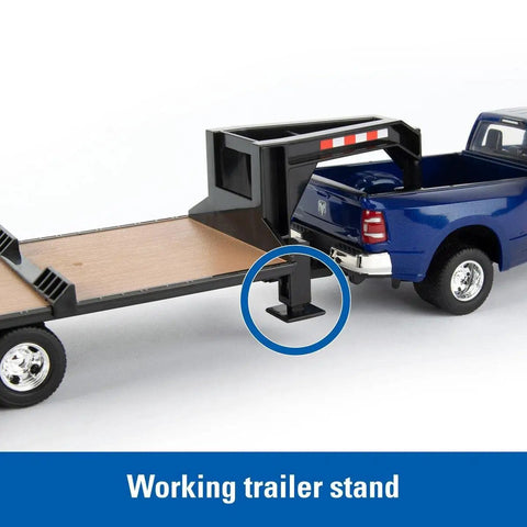 Close-up of working trailer stand on 1/32 Scale Ram 3500 Dually Quad Cab With Lowboy Trailer And New Holland L230 Skid Steer Farm Toy Set