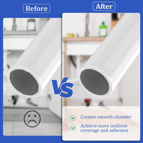 Before and after comparison of PVC pipe edges with PVC Deburring Tool For Plastic Pipe Set Six Size One And A Quarter Inch To Four Inch Reamer Chamfer Tool For Smooth Edges And Better Adhesion In PVC Plumbing Built For Quick Work On The Job Site With Durable Construction