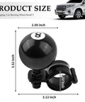 Black 8 Ball Steering Wheel Knob Spinner, 360 Degrees Rotatable One Hand Grip For Easy Backing Up And Quick Turns, Universal Car Accessory shown with dimensions labeled 3.52 x 3.12 inches and ball diameter 2.00 inches.