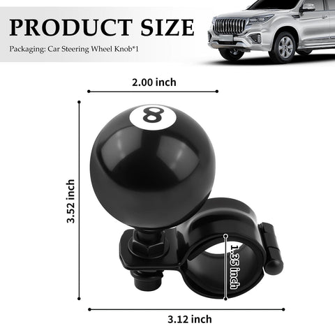 Black 8 Ball Steering Wheel Knob Spinner, 360 Degrees Rotatable One Hand Grip For Easy Backing Up And Quick Turns, Universal Car Accessory shown with dimensions labeled 3.52 x 3.12 inches and ball diameter 2.00 inches.