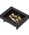 Heavy Duty Audio Terminal Strip With Binding Posts For Secure Wire Hooks And Four Hole Mounts That Square Away Custom Speaker Cabinets And Kick Up Your Setup, showcasing copper binding posts in black housing.