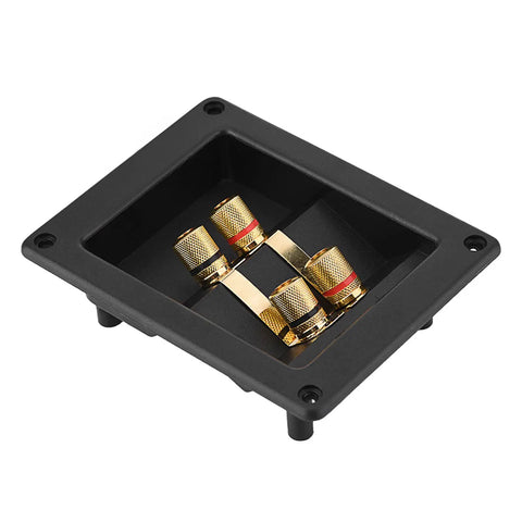 Heavy Duty Audio Terminal Strip With Binding Posts For Secure Wire Hooks And Four Hole Mounts That Square Away Custom Speaker Cabinets And Kick Up Your Setup, showcasing copper binding posts in black housing.