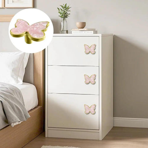 Drawer with Pink Butterfly Shape Cabinet Knob Set Six Pack Handles For Cabinets, Drawers, Dressers, And Wardrobes, Zinc Alloy Hardware Pulls, Single Hole Mount, Modern Cute Gold Tone Finish For Kitchen And Furniture Decor