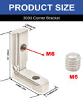 Product size diagram showing 26Pcs 3030 Inside Corner Brackets Set with M6 screw for 3030 aluminum extrusion, silver finish.