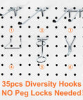 Pegboard Hooks And Accessories Kit For 1/8 Inch And 1/4 Inch Pegboards, 38 Piece Set with diverse hooks on display.