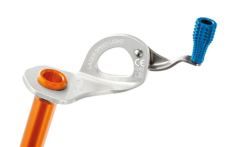 Close-up of Laser Speed Light Ice Screw With Integrated Crank Ultralight Aluminum Ice Climbing Screw showing crank and tube details