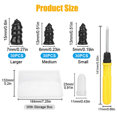 Product size chart for 90 Piece Tire Repair Kit With 3 Size Vacuum Plugs 30 Each, Self Sealing Screw In Plugs, Includes Screwdriver