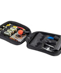 Open case of Motorcycle Tire Repair Kit With CO2 Inflator And Cartridges For Tubeless And Tube Tires, showing tools and cartridges.