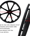 Solid Wheelchair Rear Wheel Replacement Tire 24 Inch By 1 Inch Universal Flat Free Polyurethane Tire With Tools Included Non Pneumatic Puncture Proof Wheelchair Accessory Pair For All Brands, showing side and front view of black tire with measurement guide