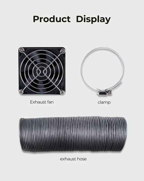 Ender Plus 3D Printer Enclosure Fan Extraction Kit components: exhaust fan, clamp, exhaust hose
