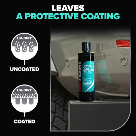 Carfidant plastic restorer bottle on a vehicle exterior; black bottle with teal label, 8.4 fl oz
