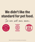 Image showing commitment to pet food standards with Human Grade certification and Made in the USA badge.