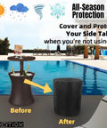 Waterproof Round Side Table Cover for Outdoor Patio Furniture and Coolers Fits 21 Inch Diameter by 23 Inch High Tables with before and after view
