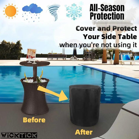Waterproof Round Side Table Cover for Outdoor Patio Furniture and Coolers Fits 21 Inch Diameter by 23 Inch High Tables with before and after view