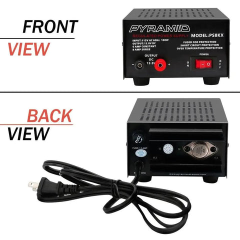Front and back view of Compact Benchtop Power Supply For Home Labs With 6 Amp Linear Regulated 12V And 13.8V DC Outputs.
