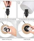 Lit Gold Nightstand Lamp With Metal Base And Fabric Shade assembly steps, showing bulb installation and pull chain setup