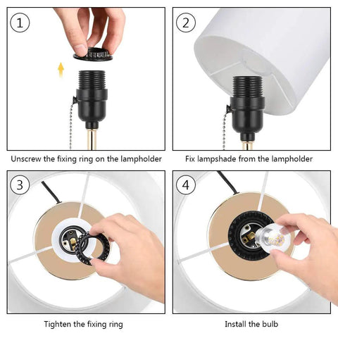 Lit Gold Nightstand Lamp With Metal Base And Fabric Shade assembly steps, showing bulb installation and pull chain setup