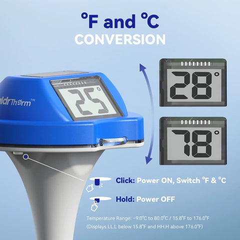 Floating Solar Pool Thermometer With Digital Readout, IPX7 Waterproof, showing °F/°C conversion and real-time display