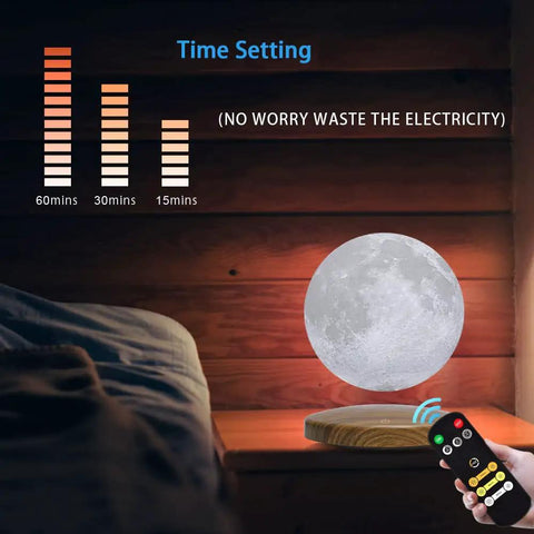 Levitating Moon Light With Magnetic Base And Remote Control Dope Floating 3D Moon Lamp on nightstand, time settings displayed