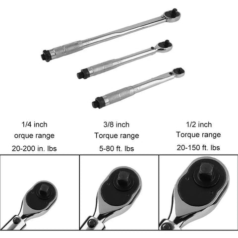 Three Piece Torque Wrench Set With Quarter Inch, Three Eighth Inch, And Half Inch Drives, Click Type Snap Socket, Pro Grade Chrome Finish, Accurate To Within Four Percent, Torque Ranges From 20 To 200 In Lbs, 5 To 80 Ft Lbs, And 10 To 150 Ft Lbs
