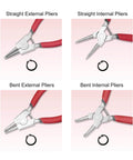 Set of straight and bent external and internal pliers with red ergonomic handles for snap ring removal and retaining installation.