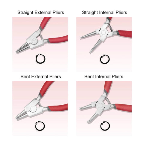 Set of straight and bent external and internal pliers with red ergonomic handles for snap ring removal and retaining installation.