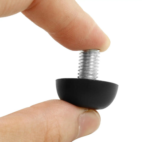 Close-up of Adjustable M8 Furniture Leg Leveler with screw in leveling feet, showing rustproof stainless steel thread and black base.