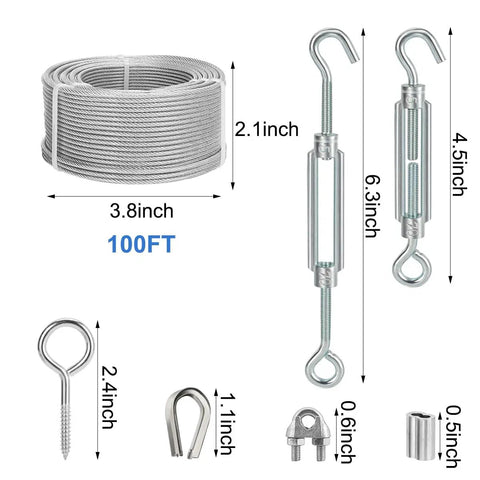 Heavy Duty Pro Grade DIY Friendly One Eighth Inch Wire Rope Kit, 100 Ft PVC Coated Galvanized Cable With Turnbuckles, Hooks
