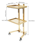 Two Tier Stainless Steel Rolling Cart With Wheels, Foldable Salon Tray Trolley For Tattoo Studio, Golden Finish showing dimensions