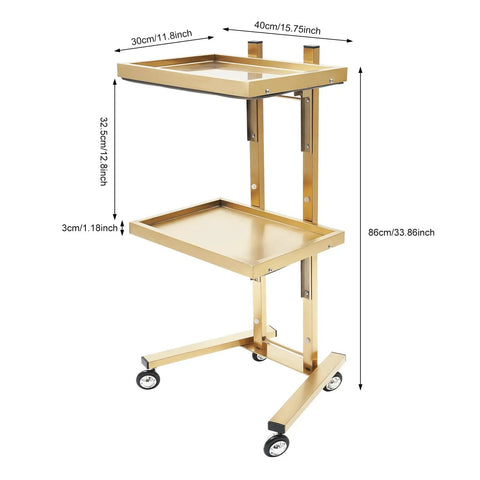 Two Tier Stainless Steel Rolling Cart With Wheels, Foldable Salon Tray Trolley For Tattoo Studio, Golden Finish showing dimensions