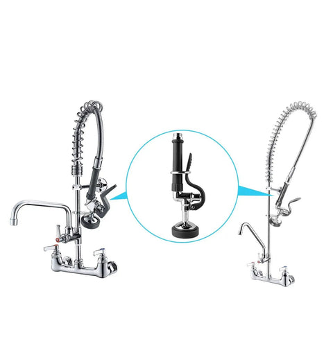 Multiple views of Pre Rinse Sprayer for Commercial Sinks With High Pressure Spray Valve Chrome Finish And Black Handle