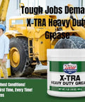 Heavy Duty Polyurea Grease 14 Oz Tube For Auto Industrial Marine Agricultural And Off Road Gear Waterproof Extreme Pressure High Temp Lubricant 2 Pack Special For Everyday Rigs displayed with construction machinery background