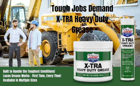 Heavy Duty Polyurea Grease 14 Oz Tube For Auto Industrial Marine Agricultural And Off Road Gear Waterproof Extreme Pressure High Temp Lubricant 2 Pack Special For Everyday Rigs displayed with construction machinery background