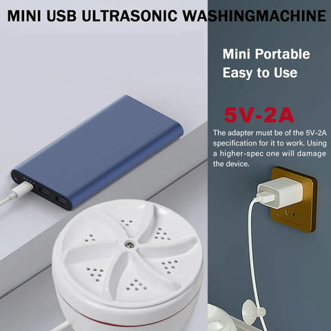 Hella Compact Mini Portable USB Washing Machine For Laundry And Dishes Ultrasonic Sink Turbo Washer with power bank and adapter.