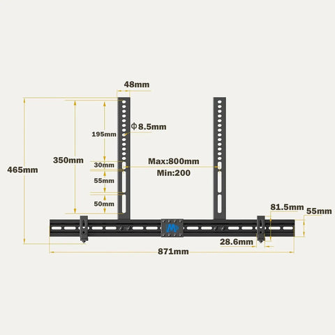Totally Locks In Soundbar Mount And TV Bracket Holds Up To 20 Lbs Universal Fit dimensions showing heavy duty steel construction and mounting points.